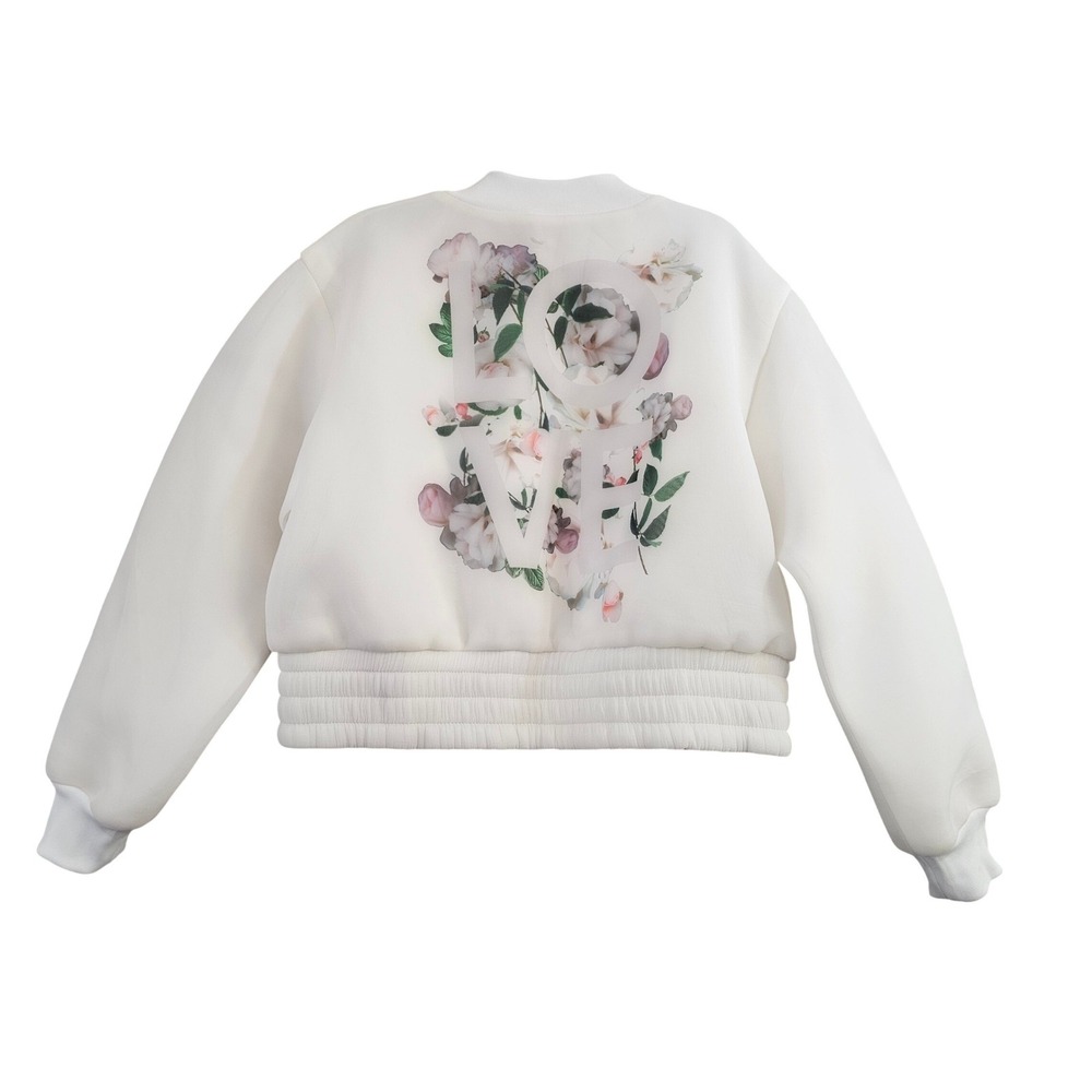 Victoria Secret Sport Bomber Jacket M White Floral LOVE Graphic Neoprene Snap NW